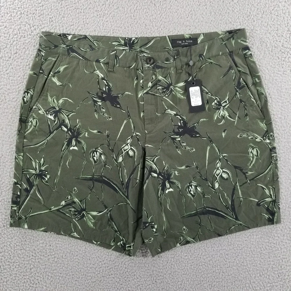 Rag & Bone Shorts Mens 40 Green Army Floral Ripstop Chino Perry Flat Front Zip